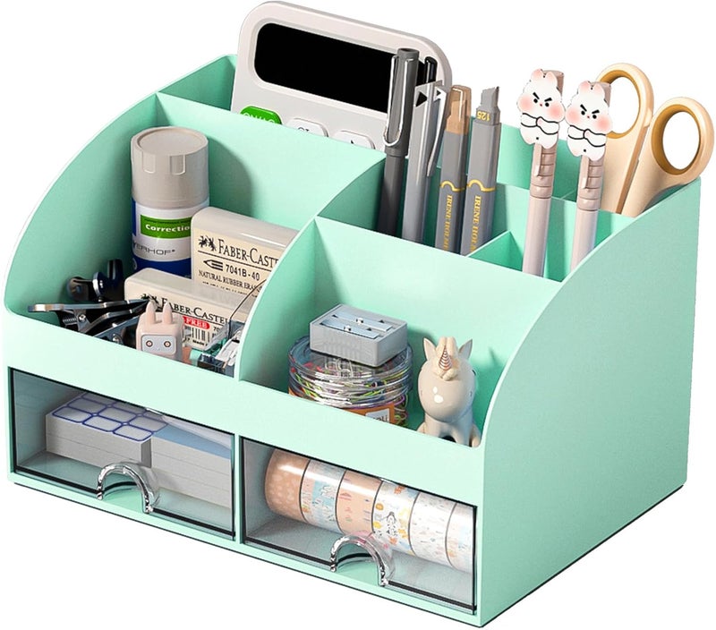 COMFYROOM Desk Organizer with 6 Compartments and 2 Drawers, Plastic Makeup Organizer, Pen Holder for Desktop Storage, Desk Organization for School, Home, Office Supplies (Mint Green) - Image 1